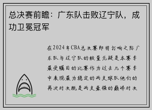 总决赛前瞻：广东队击败辽宁队，成功卫冕冠军